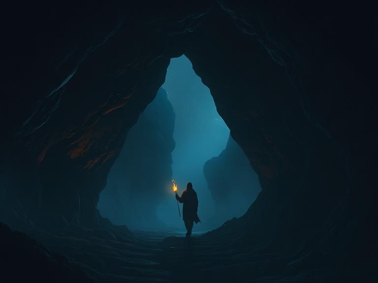 A man holding a torch walking into a dark cave.